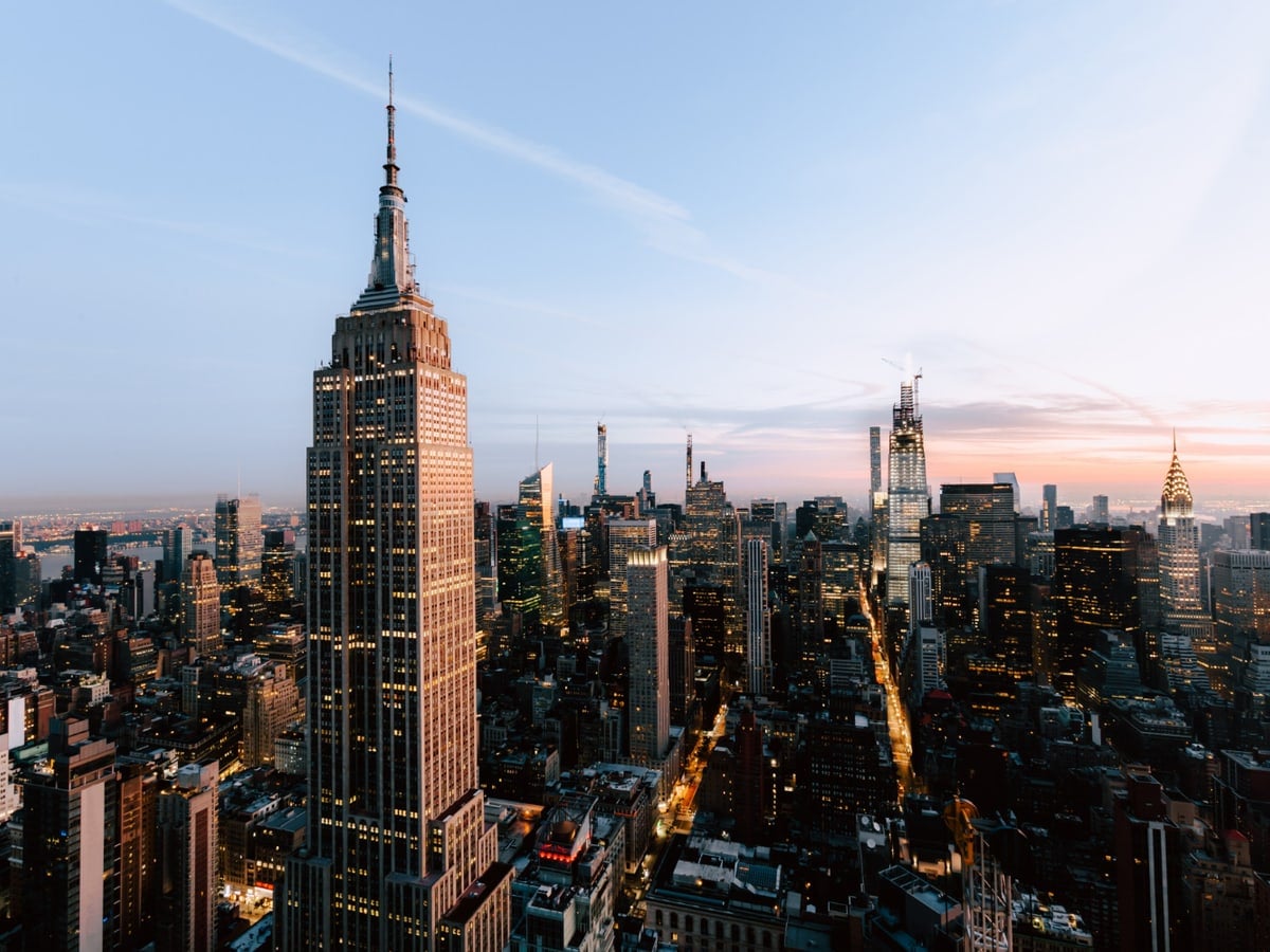 New York skyscrapers at dusk.